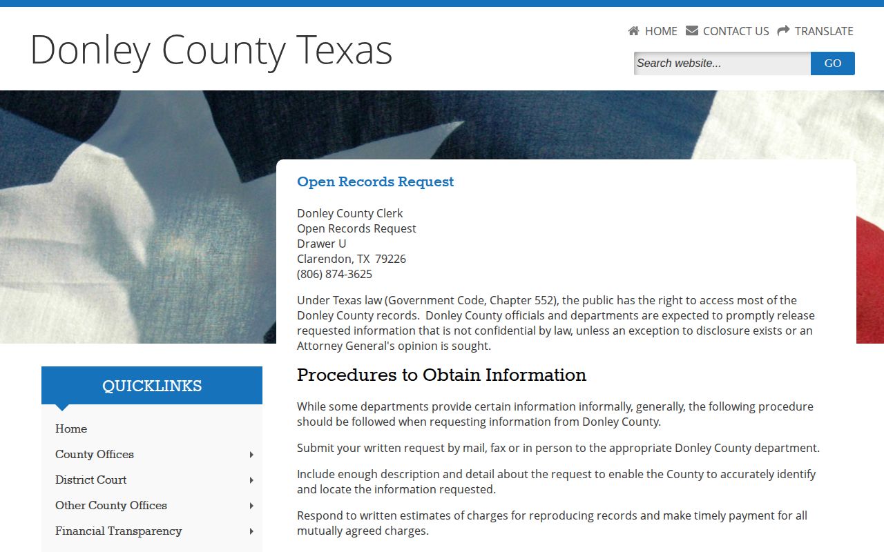 Donley County release record open records request page