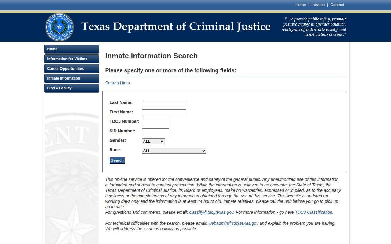 TDCJ offender search fields for Donley County release lookup